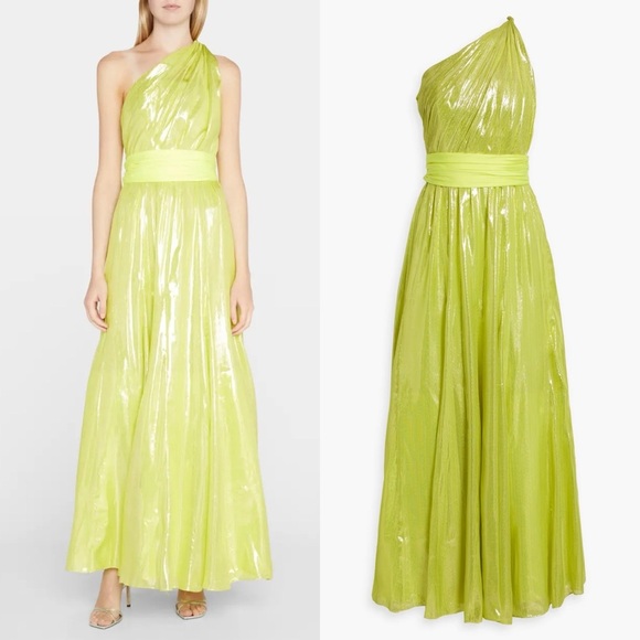 Alice & Olivia Milan One-Shoulder Gathered Metallic Gown in Lemon Sorbet - 4 - Picture 8 of 15